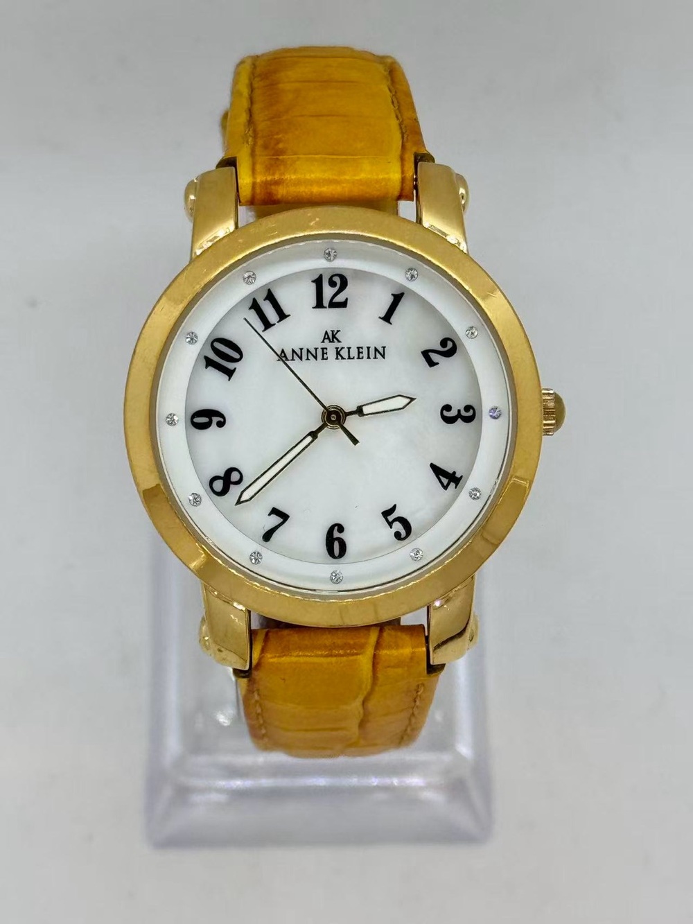 Anne Klein Women’s Quartz Gold Tone Watch 35mm MOP White Dial New Battery Runs
